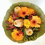 Bouquet of banksia, gerberas and roses.